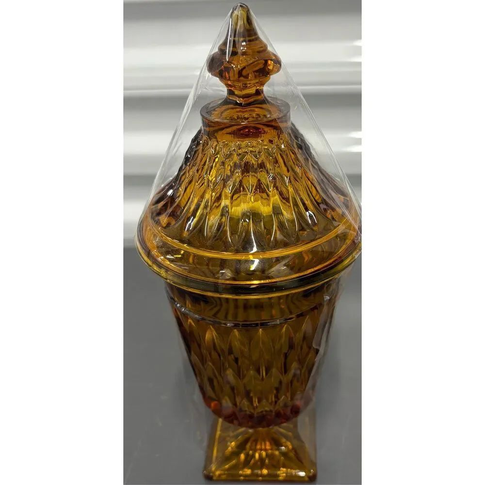 VINTAGE INDIANA GLASS MT VERNON AMBER GOLD LIDDED CANDY DISH